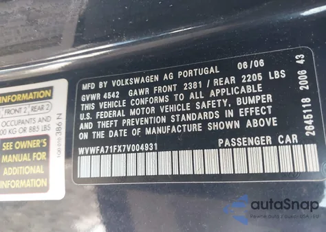 2007 Volkswagen Eos 2.0T z USA, uszkodzony, nr VIN WVWFA71FX7V004931